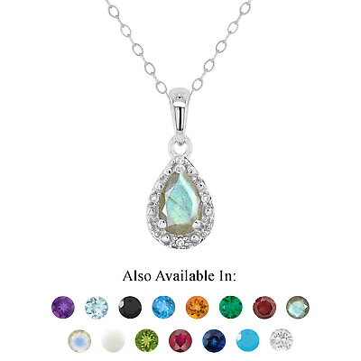 #ad Sterling Silver 6x4mm Pear Shape Natural Labradorite Diamond Accent Halo Pendant $49.99