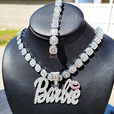 #ad Women Large Barbie Pendant amp; Iced Cubic Zirconia Chain Necklace amp; Bracelet Set $34.99