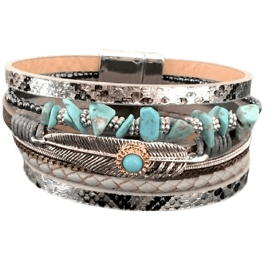 #ad Silver amp; Turquoise Western PU Leather amp; Feather Charm Multi Strand Bracelet NEW $35.00