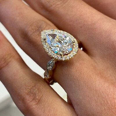 #ad Yellow Gold Ring 18K Wedding Diamond Certified IGI GIA Lab Grown Pear 3.50 Carat $3153.60