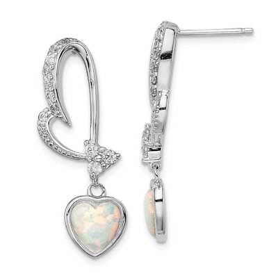 #ad Sterling Silver Rhodium plated Created Opal and CZ Heart Earrings 1.26quot; $137.56