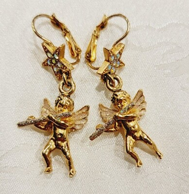 #ad Kirks Folly Gold Plated AB Crystal Angels Play Flute Star Earrings $64.50