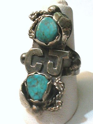 #ad Vtg Navajo Silver Spider webTurquoise Ring Sz 5 Signed quot;CJquot; Maria? FREE SIZING $64.15