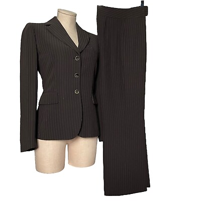 #ad Tahari Women Suit 2 Pc Pants 3 Button Jacket Pinstripe Brown Petite 4P $33.24