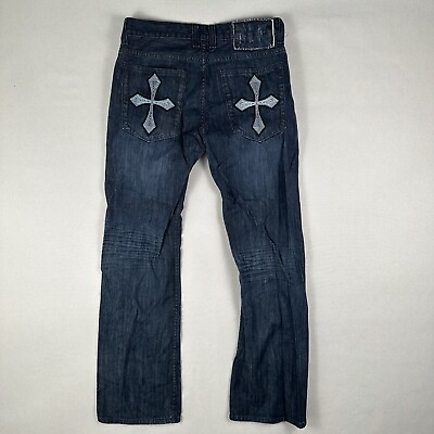 #ad Y2K Helix Boot Cut Jeans Men’s 30x32 Blue Denim Dark Wash Embroidered Pocket $24.99