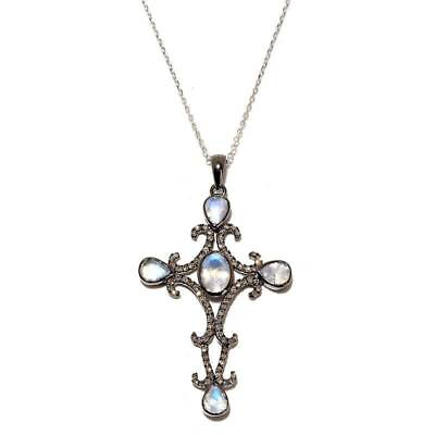 #ad Womens Art Deco Style Moonstone Cross Sterling Silver Necklace New $248.98