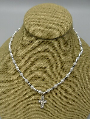 #ad Rhinestone Cross Pendant Necklace White Faux Pearl Silver Tone Beads 17quot; EUC $8.45