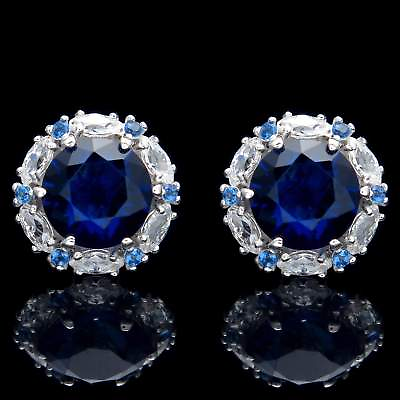 #ad 2CT Blue Lab Created Sapphire Halo Marquise Diamond Stud Earrings 14k White Gold $152.99