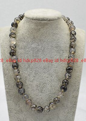 #ad Beautiful Natural Black White Dragon Veins Agate Gemstone Round Beads Necklace $9.50