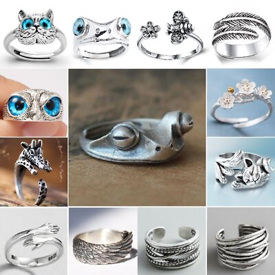 #ad 925 Silver Retro Frog Cat Owl Animal Rings Open Finger Ring Jewelry Adjustable C $1.65