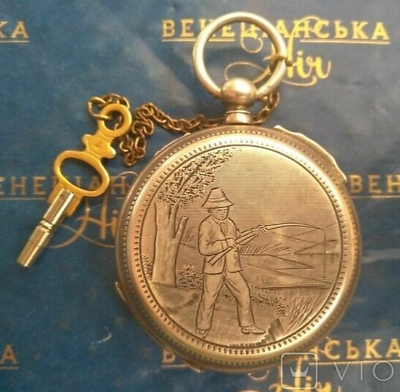 #ad Antique Pocket Watch Mechanical Swiss Silver Fisherman Key Chain Rare Old 19th $450.00