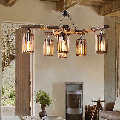 #ad 3 6 Light Wooden Chandelier Island Pendant Light Rustic Farmhouse Ceiling Lamp $66.00