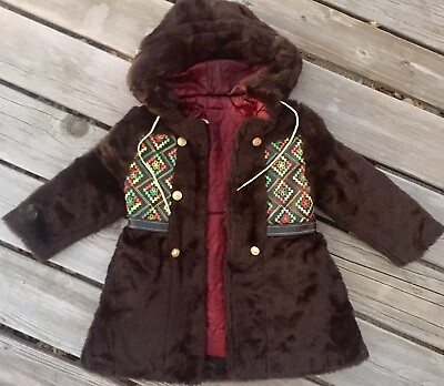 #ad Vintage 1960’s Childrens Winter For Fur Coat With Hood Embroidered Size 5 $125.00
