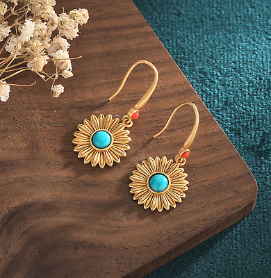 #ad Bohemian Turquoise Drop Dangle Earrings Sunflower Hook 18K Gold Plated Gemstone $11.95