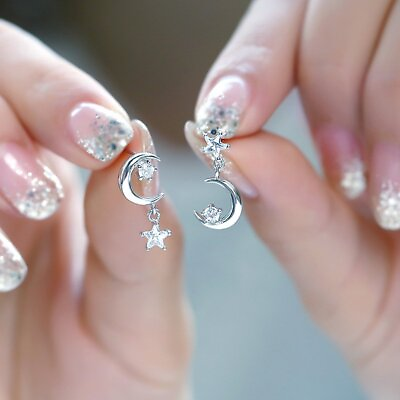 #ad #ad 925 Silver Moon Star Zircon Crystal Earrings Stud Women Drop Dangle Jewelry Gift GBP 2.79