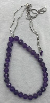 #ad Genuine Amethyst Bead Necklace With Sterling Silver Adjustable Box Chain $27.50