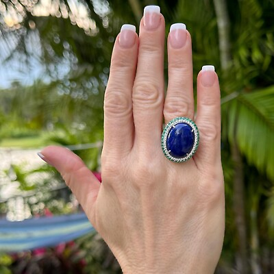 #ad 925 Sterling Silver Lapis Lazuli Emerald CubicZirconia Gemstone LabCreated Ring $86.99