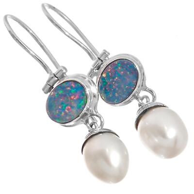 #ad 925 Silver Dainty Natural Australian Opal Freshwater Pearl Earrings 1quot; $49.95