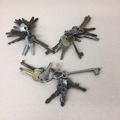 #ad Antique Key Lot 49 Keys 3 Key rings Skeleton Lock Art Deco Steam Punk AR5 $48.95