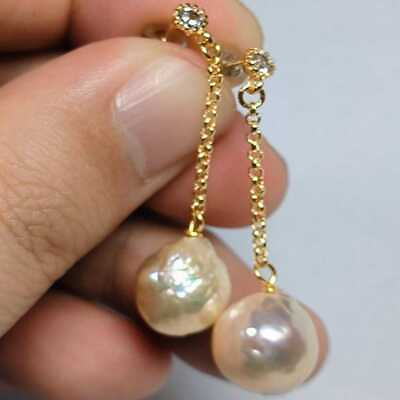 #ad 10 11MM Natural pink Baroque pearl Dangle Earrings 14K Chandelier Gemstone $14.31