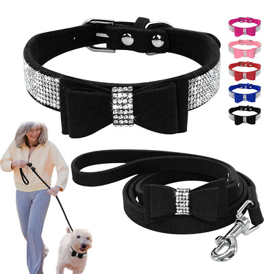 #ad Suede Leather Rhinestone Diamante Dog Collar and Leash Soft Bling Cat Puppy Pet $14.99