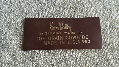 #ad Leather Tag Sun Valley By Service Mfg Top Grain Cowhide USA 992 Advertising Vtg $7.96