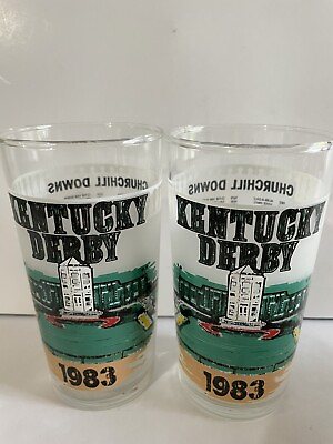 #ad 1983 Kentucky Derby 109 Frosted Glass Horse Race Mint Julep Churchill Set Of 2 $15.00