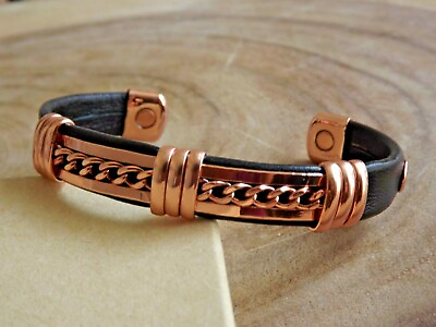 #ad Solid Copper Leather Wrapped Magnetic Bracelet Energy Pain Jewelry Cuban Chain $12.95