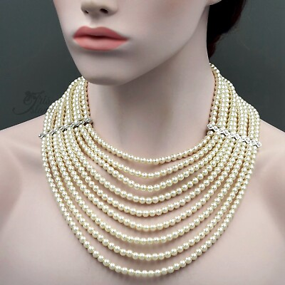 #ad Women White Pearl Multi Layered Strand Bead Chunky Necklace Crystal String 7121 $19.99