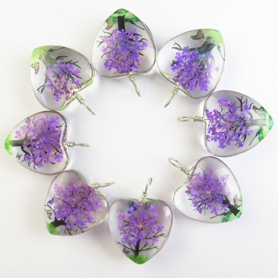 #ad 8Pcs 24x12mm Purple Delicate Crystal Glass Dried Flower Heart Pendant T02023 $15.76