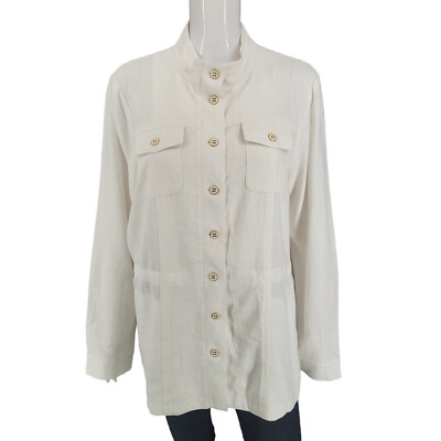 #ad Susan Graver Pure Linen Blend Buttoned Jacket Medium Sz White Modern Trendy Top $29.89