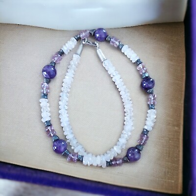 #ad Amethyst Moonstone Beaded Necklace Sterling Silver Clasp $60.00