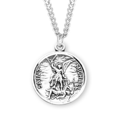 #ad Round Sterling Silver Saint Michael Medal Pendant Necklace with 24 Inch Chain $74.88