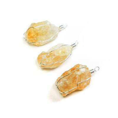 #ad Wire Wrapped Raw Citrine Crystal Pendant Silver Plated Necklace Charm $14.16