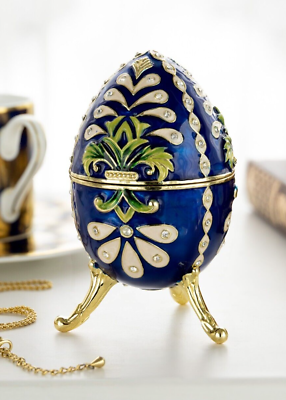 #ad Keren Kopal Blue Faberge music Egg Trinket Box Handmade with Austrian Crystals $128.00