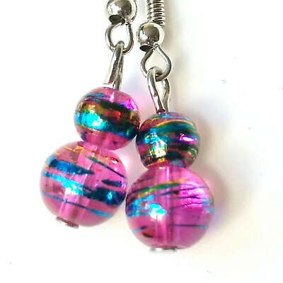 #ad Pink Blue Gold Murano Art Glass Earrings Bead Hand Painted Round Silver Plated $9.99