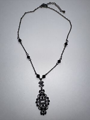 #ad Necklace Drop Pendant Ornate Faux Marcasite Black Bead Gunmetal Grey Choker $15.07