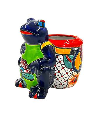 #ad Mexican Talavera Standing Frog with Basket Planter Pot Hand Painted Dark Blue $68.24