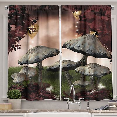 #ad Fantasy Long Kitchen Curtains Enchanted Forest Scenery with Mushrooms and Fa... $32.56