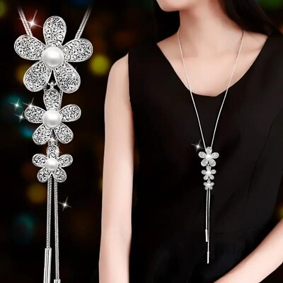 #ad Three Flower Pendant Necklace Faux Pearls Long Chain Sweater Necklace Gift New $15.98