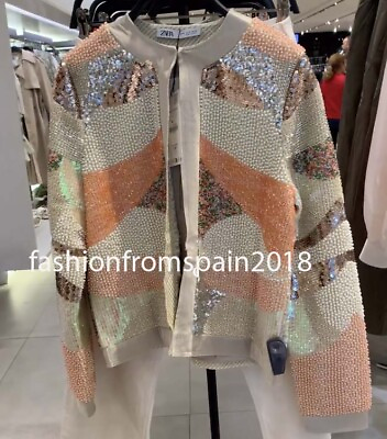 #ad ZARA NEW WOMAN JACKET WITH FAUX PEARL AND BEADS SML 3920 042 $147.99