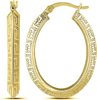 #ad 18K Gold Plated .925 Sterling Silver Greek Key Pattern 35MM Oval Hoop Earrings $13.99