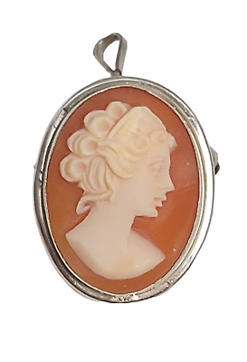 #ad Silver Shell Cameo Brooch Pendant Signed $69.99