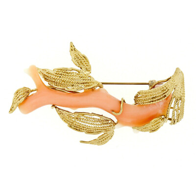 #ad Vintage 14K Yellow Gold Large Natural Angel Skin Coral Branch amp; Leaf Brooch Pin $796.80