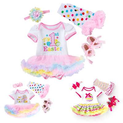 #ad Infant Baby Girls First Easter Tutu Dress Shoes Outfit Costume Romper Dress 4PCS $41.09