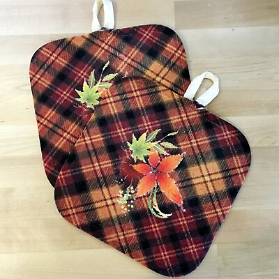 #ad Potholder Set of 2 Fall Plaid Floral Poly Linen Silver heat resistant back $16.50