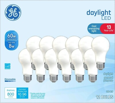 #ad GE LED Light Bulbs 60 Watt Daylight A19 Dimmable. 12 PACK $18.00