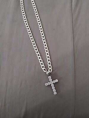#ad 925 Silver Cuban Chain 24in With 925 Sterling Silver Tennis Cross Pendant $80.00