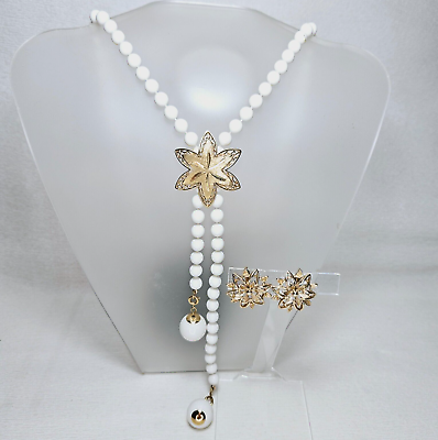 #ad Vintage Coventry White Bead Lariat Style Necklace Gold Floral Clip Earrings $14.00