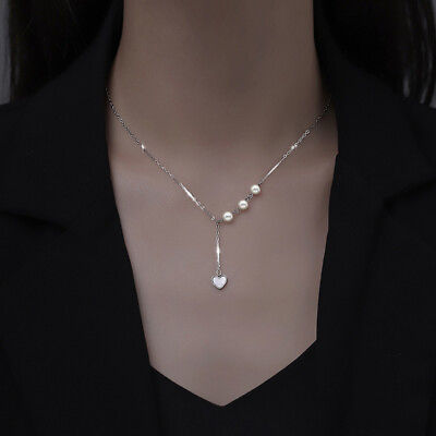 #ad Lariat Drop Necklace Y Shaped Love Heart Pearls Pendant Neck Chain Simple Trendy $2.68